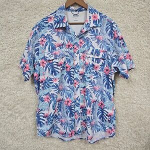 IZOD Saltwater Shirt Mens Large Blue Pink Flamingo Tropical Vented Fishing